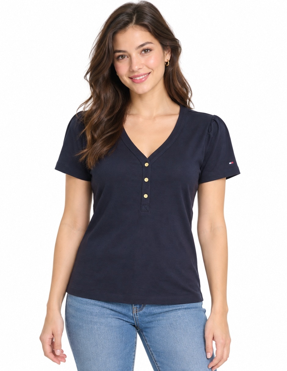 Playera manga XW0864I 400 DW5 cuello V para mujer
